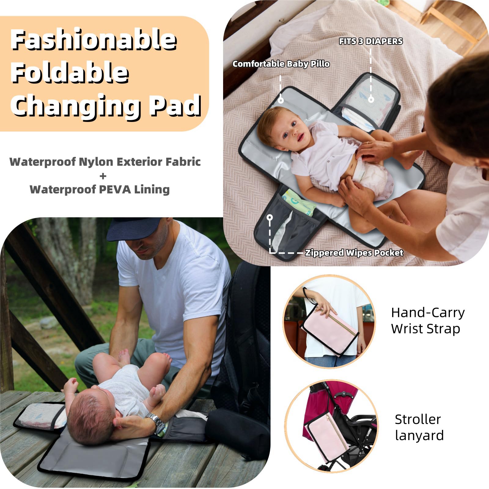ROSEGIN foldable changing pad included for quick diaper changes.