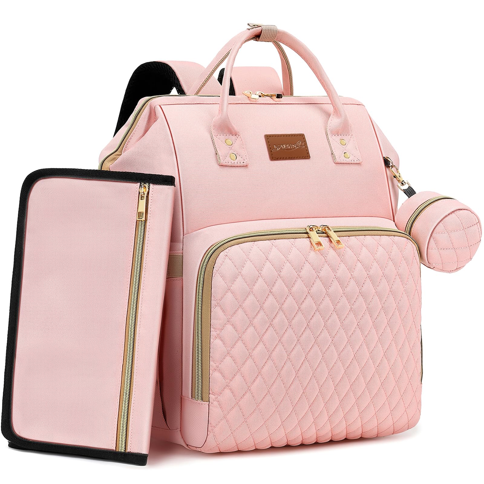 ROSEGIN pink diaper bag backpack showing 35L capacity and organized pockets.