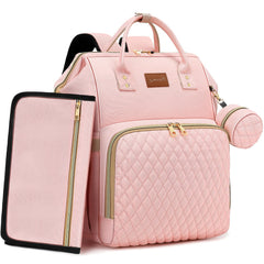 ROSEGIN pink diaper bag backpack showing 35L capacity and organized pockets.
