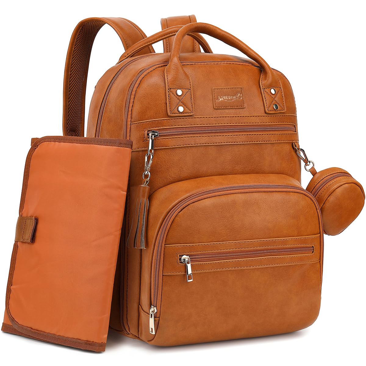 ROSEGIN premium vegan leather diaper bag backpack opened to show 20 pockets for organized baby gear.