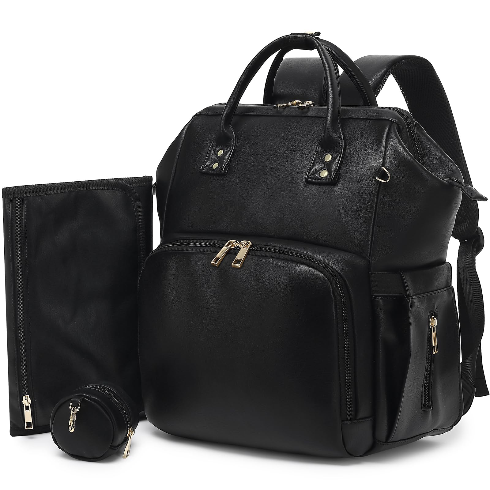 ROSEGIN premium vegan leather diaper bag backpack front view with spacious compartments for quick packing.