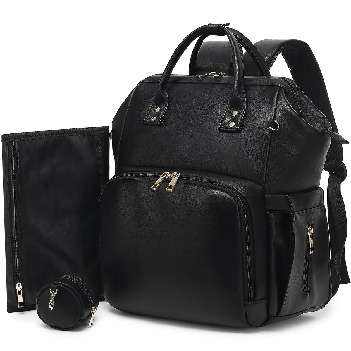 ROSEGIN premium vegan leather diaper bag backpack front view with spacious compartments for quick packing.