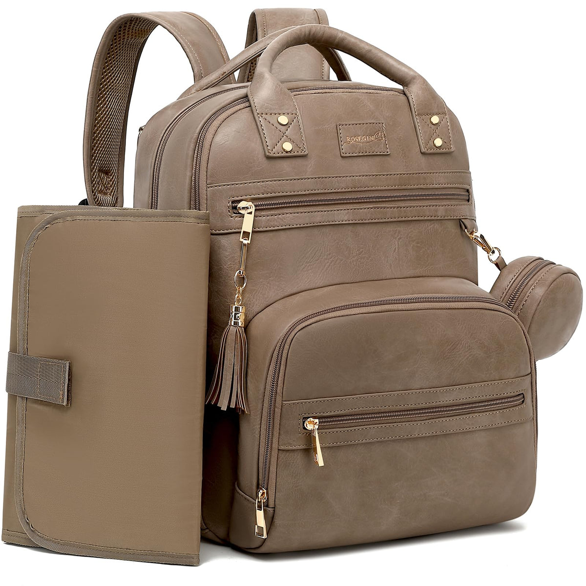 ROSEGIN premium vegan leather diaper bag backpack front view with 20 pockets for organized outings