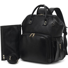 ROSEGIN premium vegan leather diaper bag backpack front view with spacious compartments for quick packing.