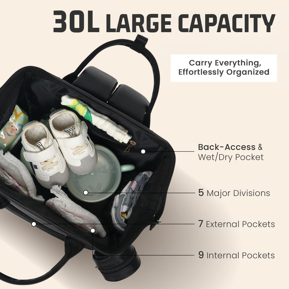 ROSEGIN diaper bag interior organization highlighting 16 pockets for diapers, bottles, and essentials.