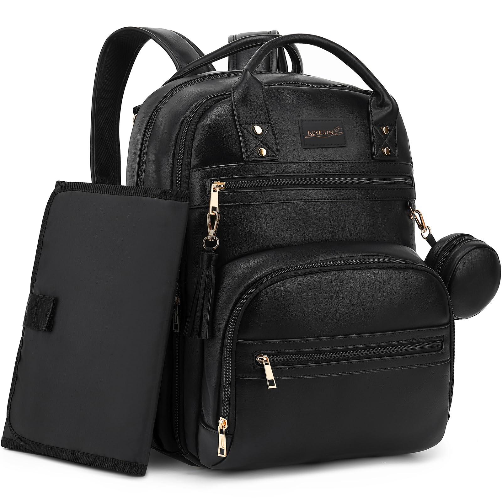 ROSEGIN Premium Vegan Leather Diaper Bag Backpack main view shows 35L capacity for busy days.