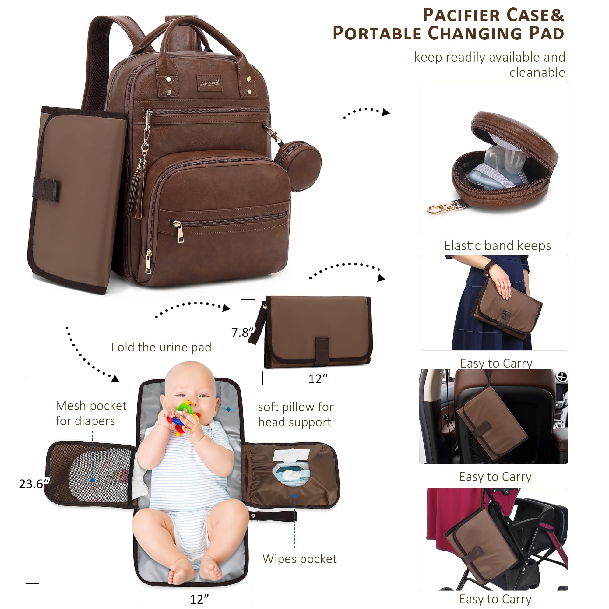 ROSEGIN diaper bag stroller straps enable hands-free carrying during errands