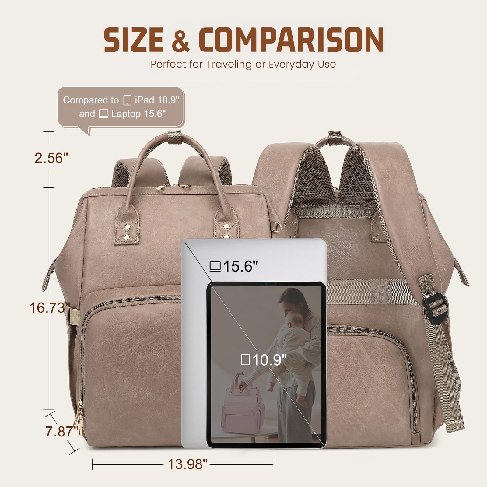 ROSEGIN travel-ready taupe vegan leather diaper bag for easy travel
