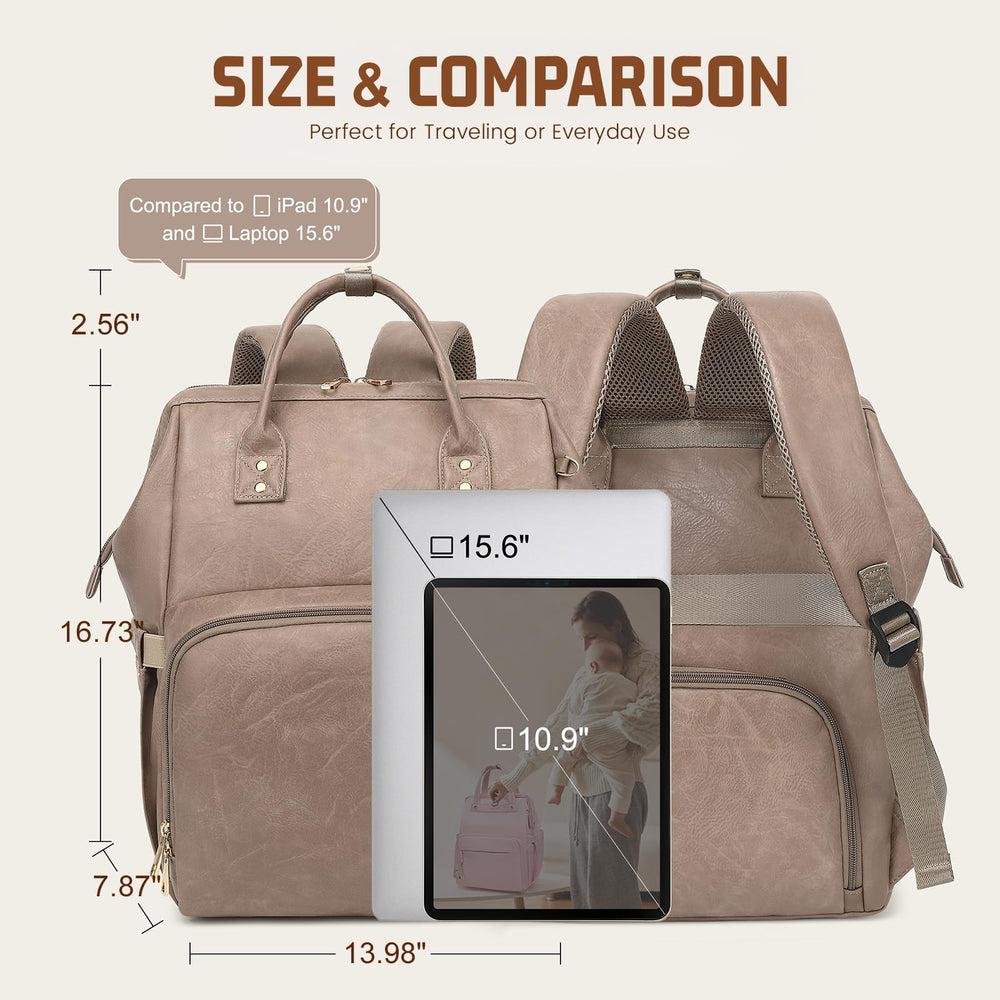 ROSEGIN travel-ready taupe vegan leather diaper bag for easy travel