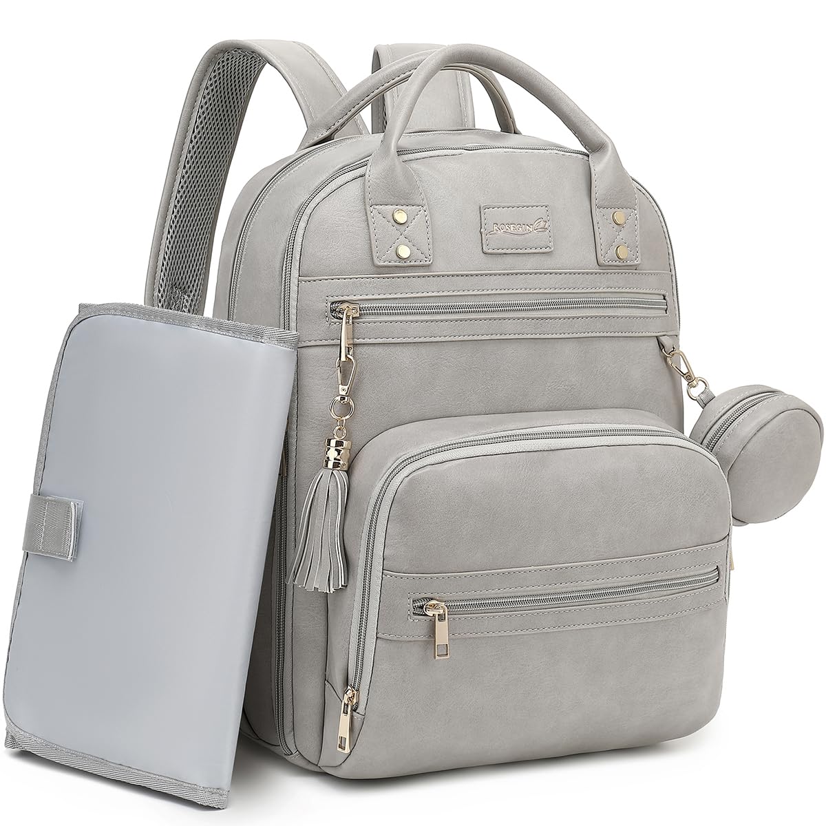 ROSEGIN Premium vegan leather diaper bag backpack with waterproof changing pad for on-the-go changes