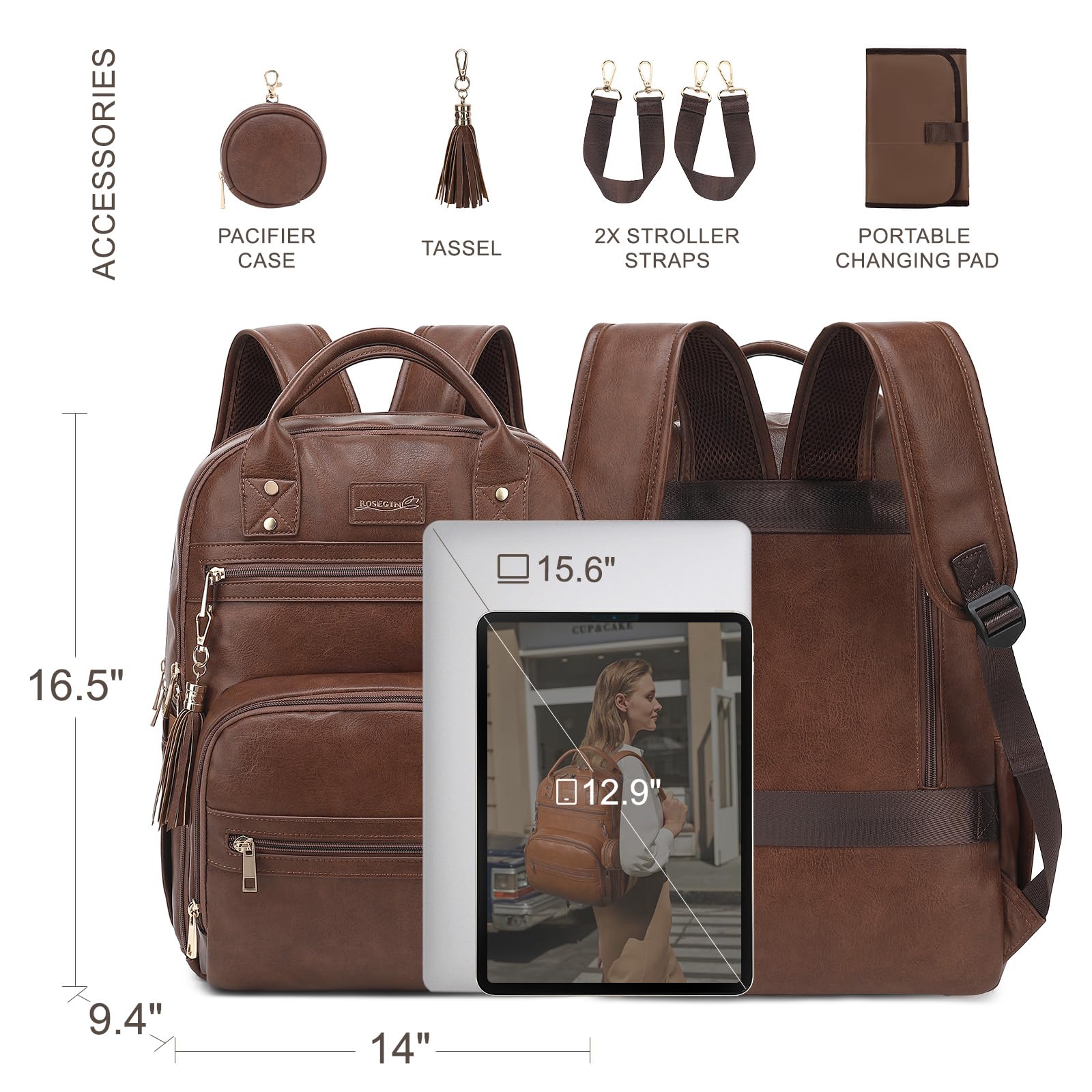 ROSEGIN diaper bag waterproof exterior protects belongings in rain