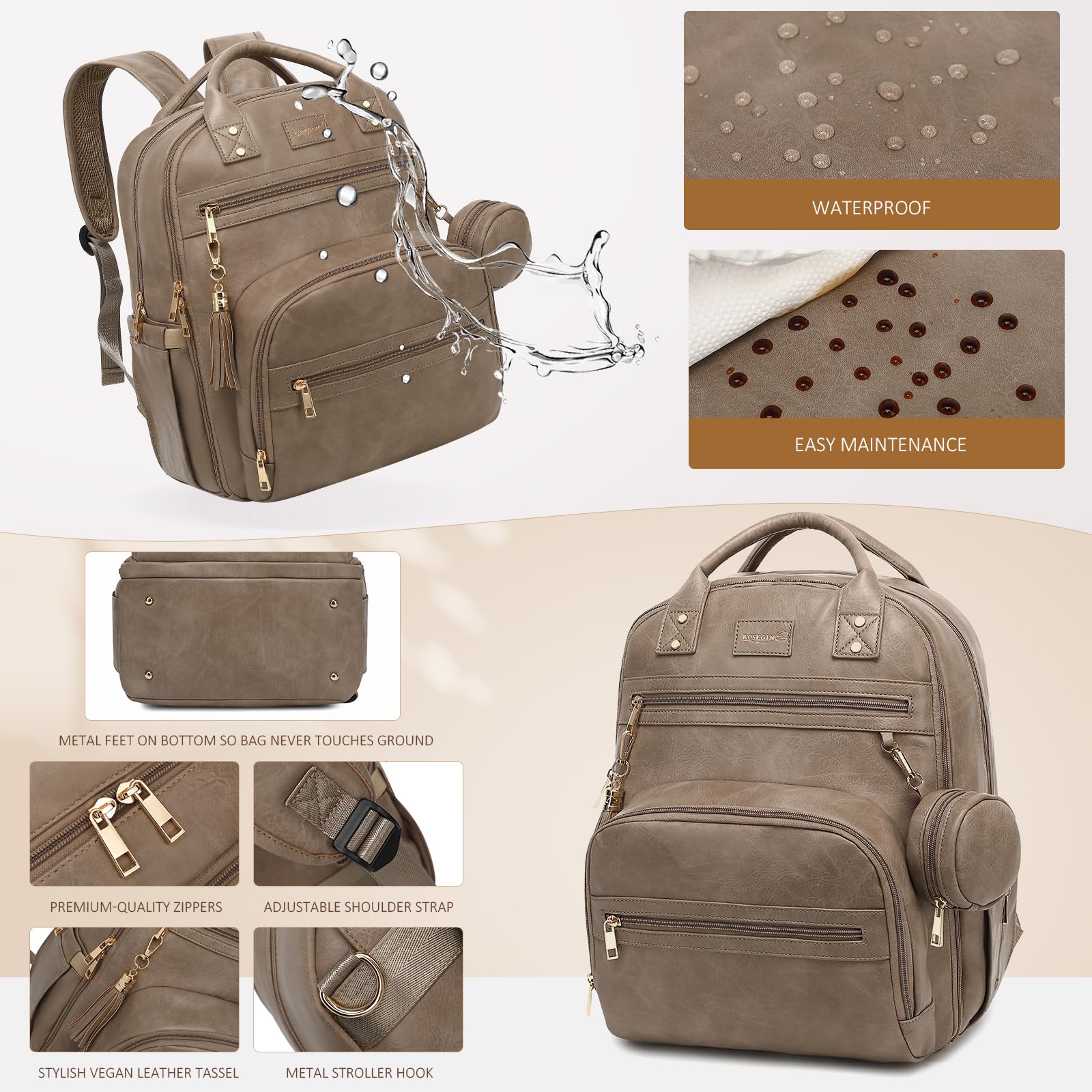 ROSEGIN vegan leather durability and reinforced zippers endure daily parenting routines