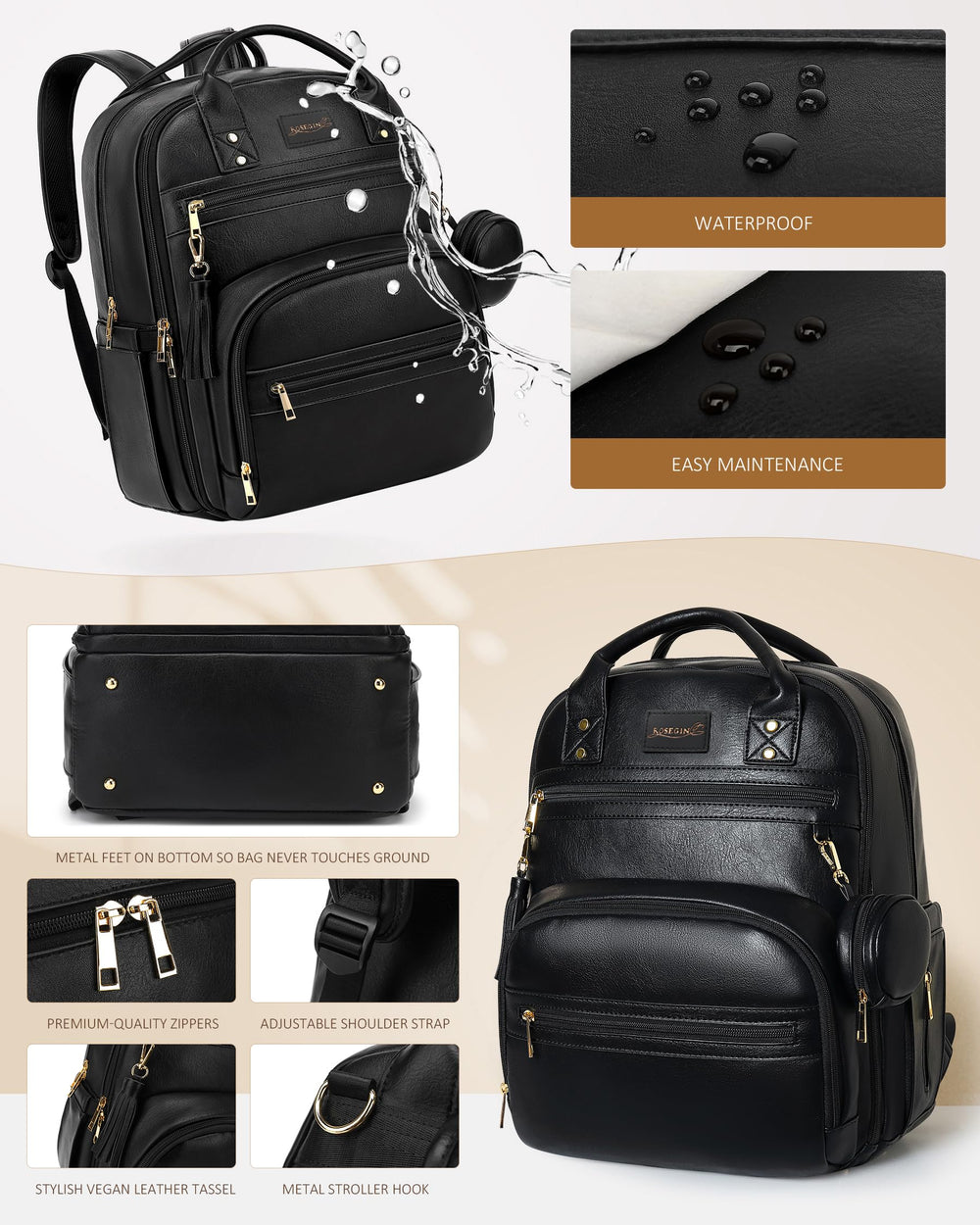 ROSEGIN Reinforced zippers and durable vegan leather withstand daily use.