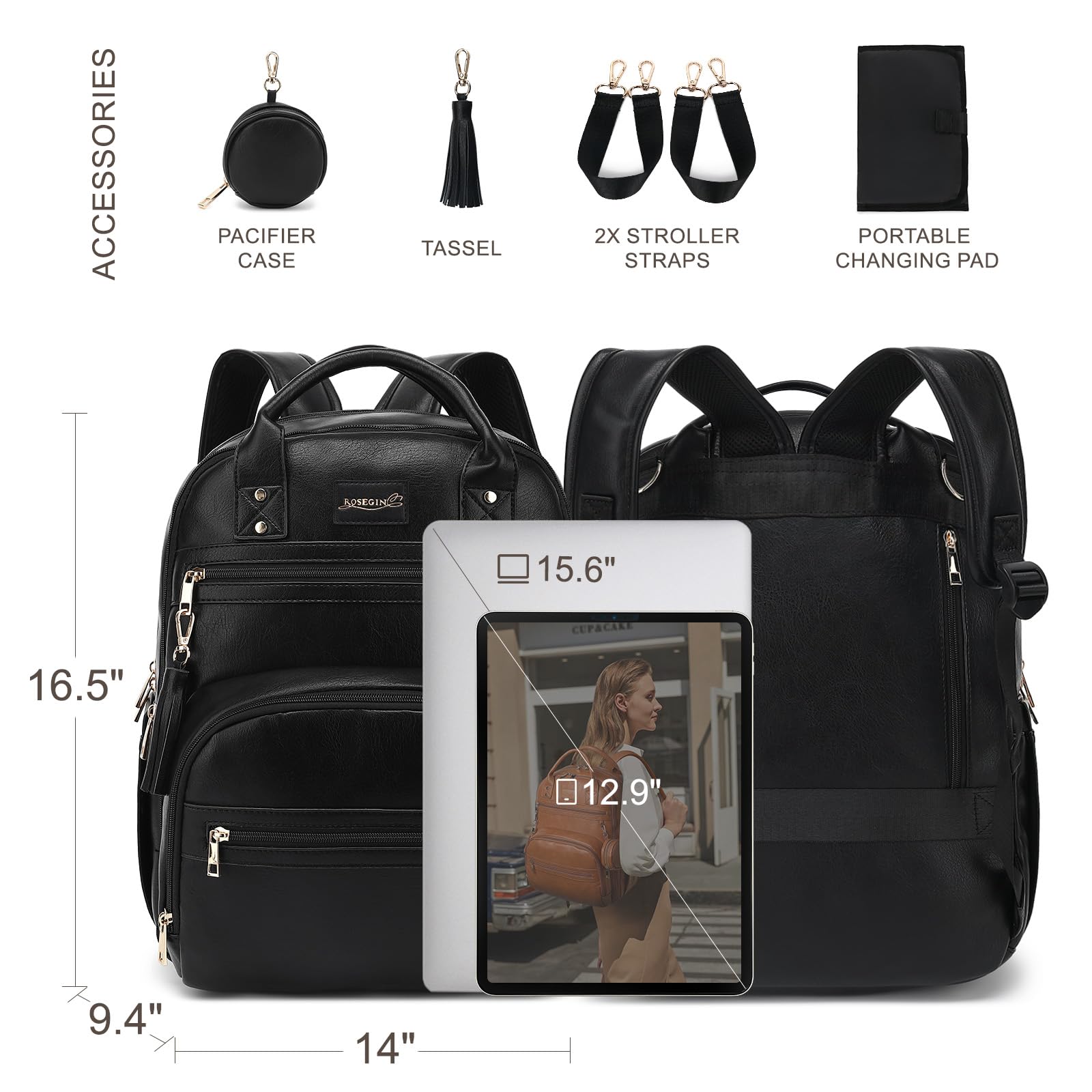 ROSEGIN Stroller straps and back luggage sleeve enable hands-free travel.