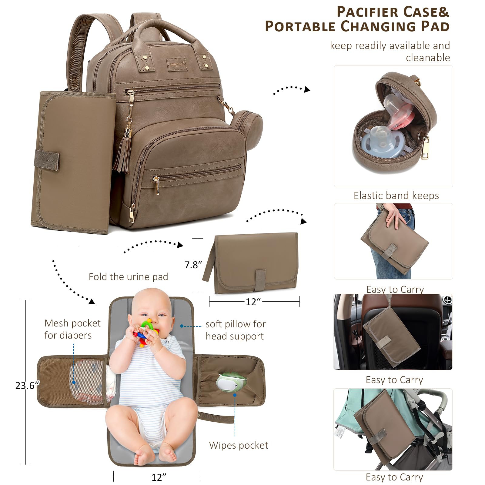 ROSEGIN premium bag features stroller straps and luggage sleeve for travel-friendly comfort