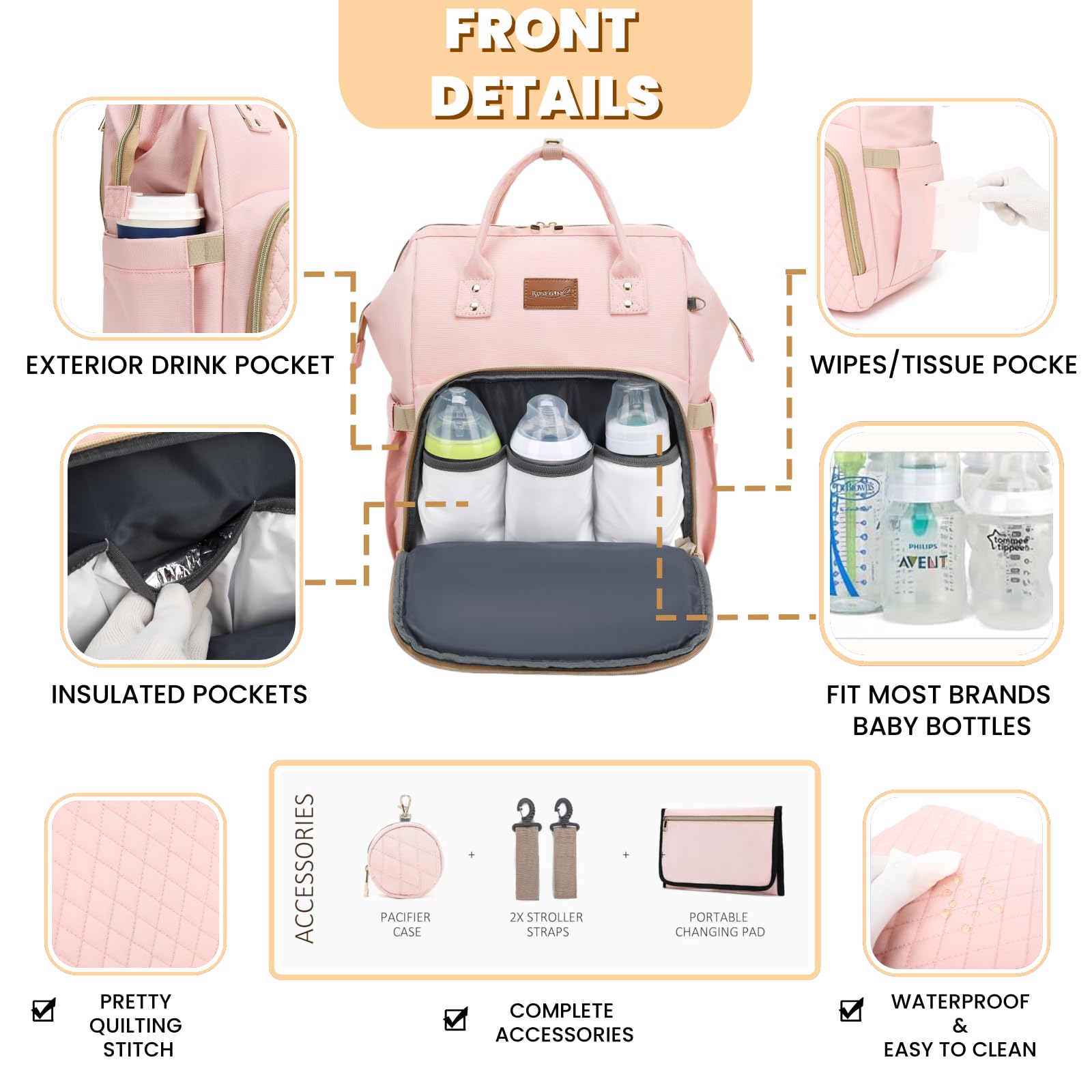 ROSEGIN wet/dry pocket keeps damp items separate during outings.