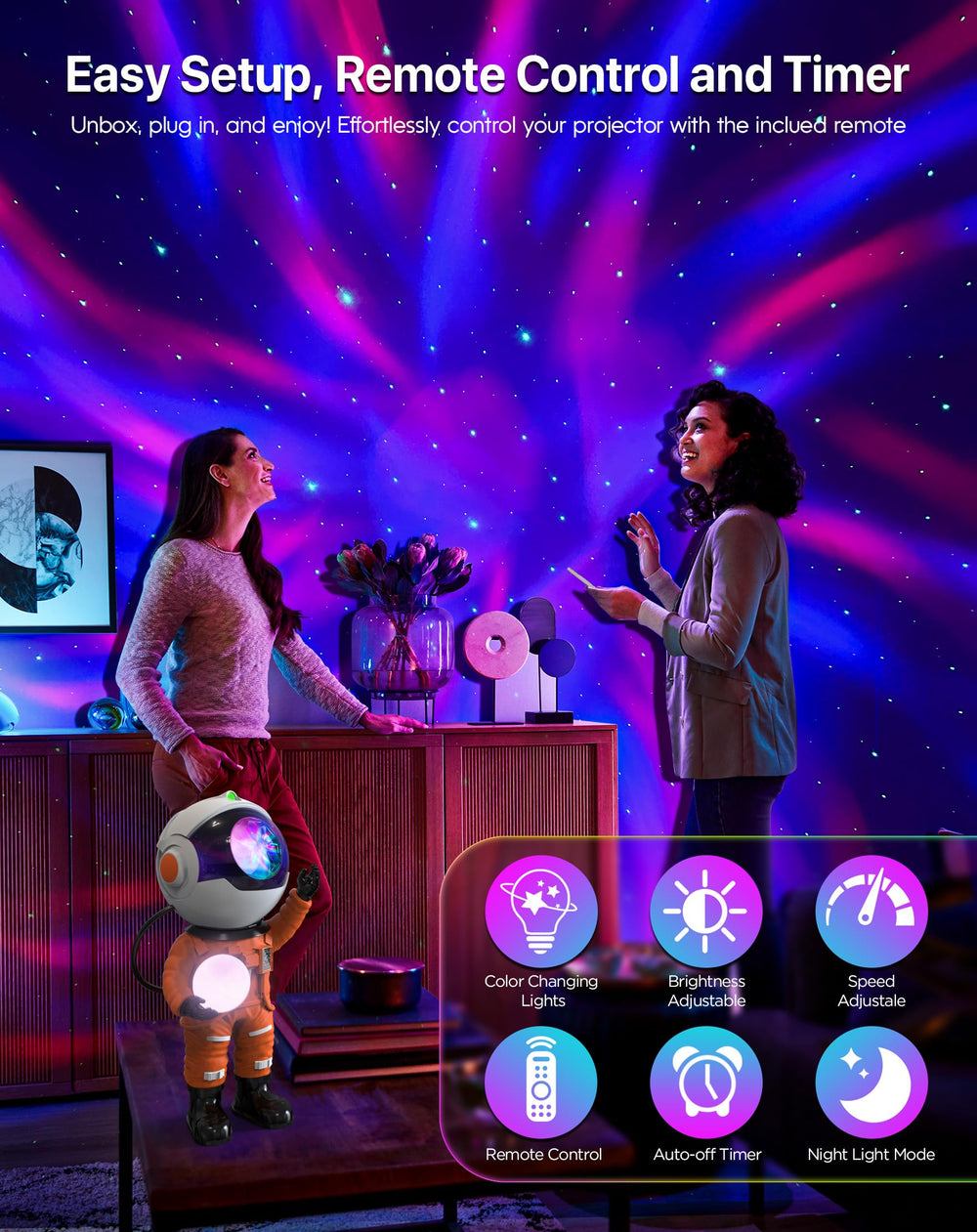 Rossetta Astronaut Galaxy Projector enhances bedroom decor with a space-inspired aesthetic.