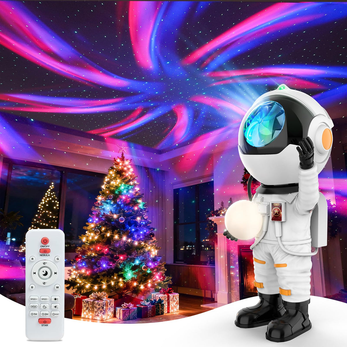 Rossetta astronaut galaxy projector on nightstand creates cozy ceiling stars for relaxing evenings