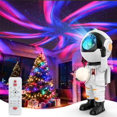 Rossetta astronaut galaxy projector on nightstand creates cozy ceiling stars for relaxing evenings
