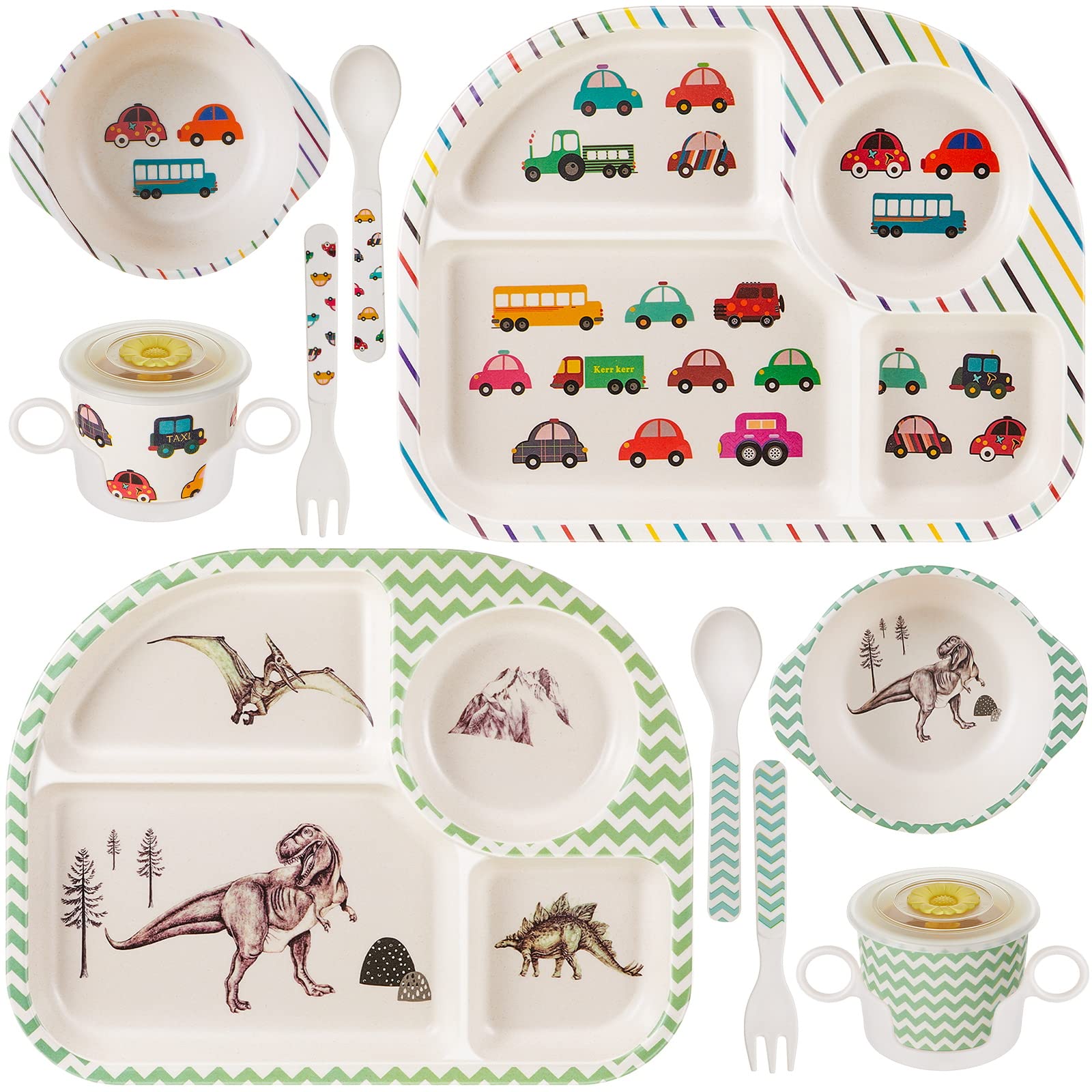 Roshtia bamboo kids dinnerware dinosaur plate for mess free meals