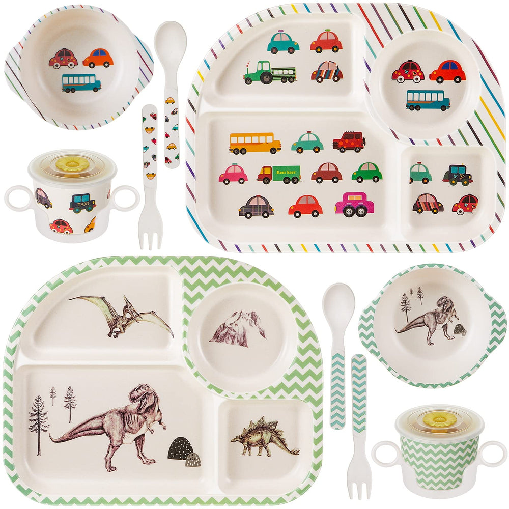 Roshtia bamboo kids dinnerware dinosaur plate for mess free meals