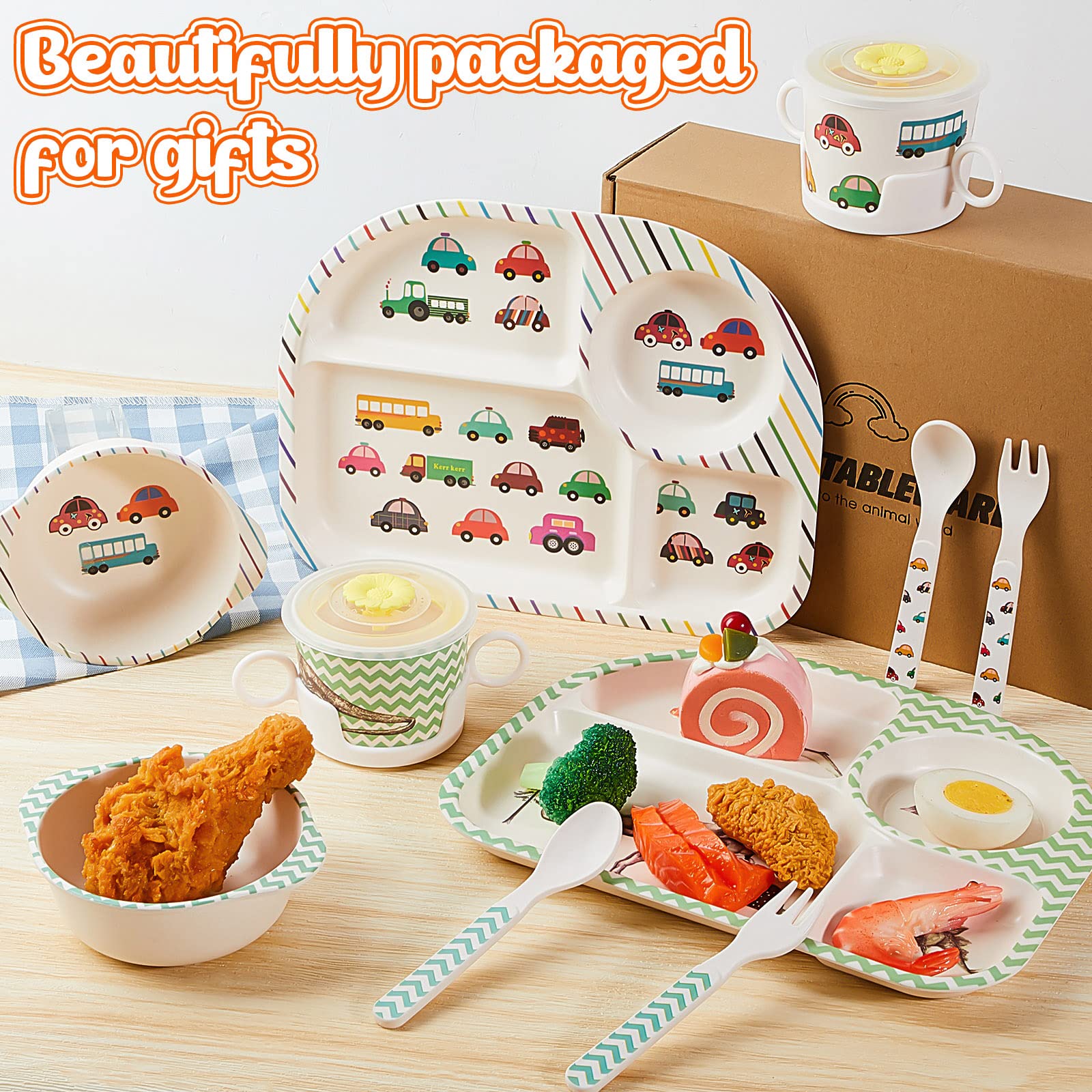 Roshtia bamboo kids dinnerware dinosaur utensils set easy to grip