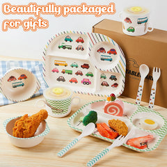 Roshtia bamboo kids dinnerware dinosaur utensils set easy to grip