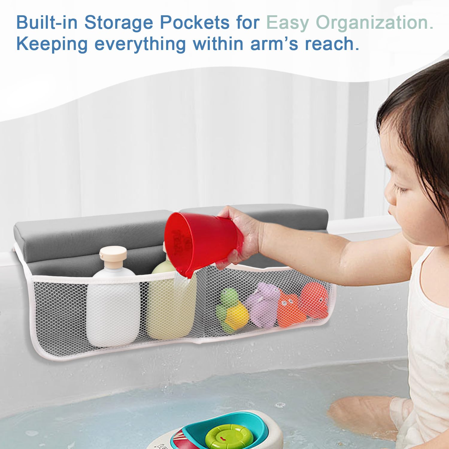 Roslim tub toy pocket stores bath toys while keeping the area organized.
