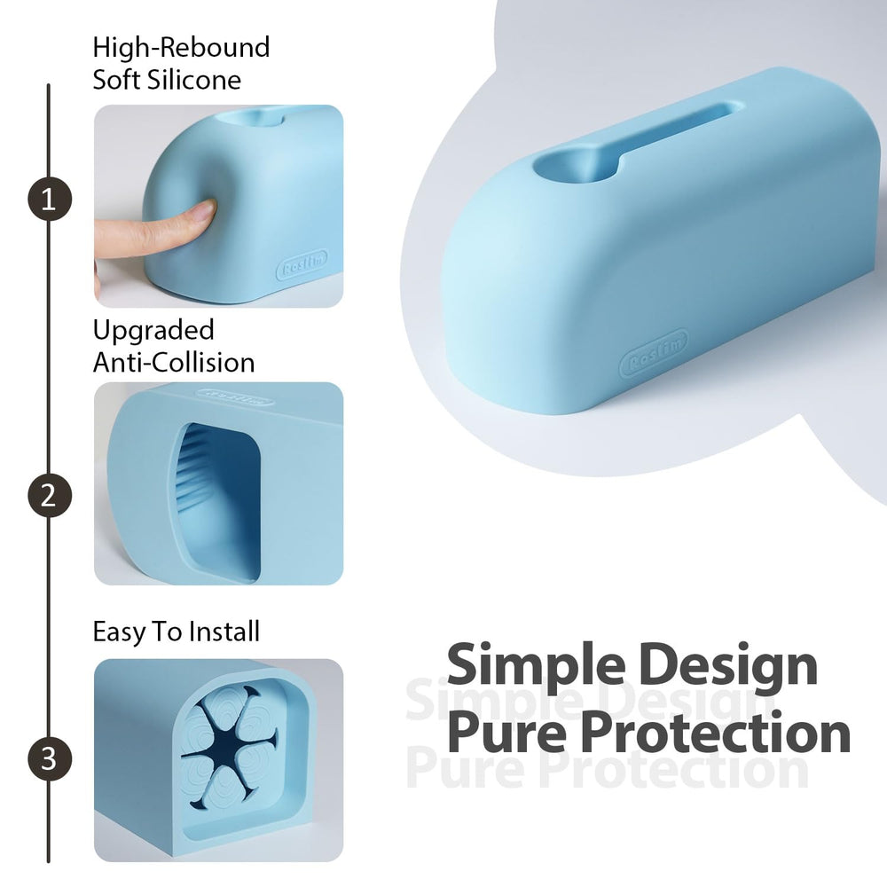 Roslim blue silicone closeup highlights soft material for gentle child protection.