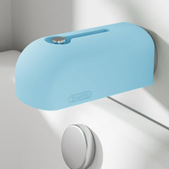 Roslim bathtub faucet cover blue side view demonstrates universal fit for safer bath time.