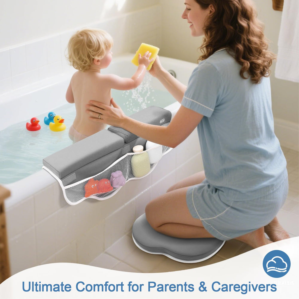 Roslim elbow-rest with storage pockets keeps bath essentials within reach.