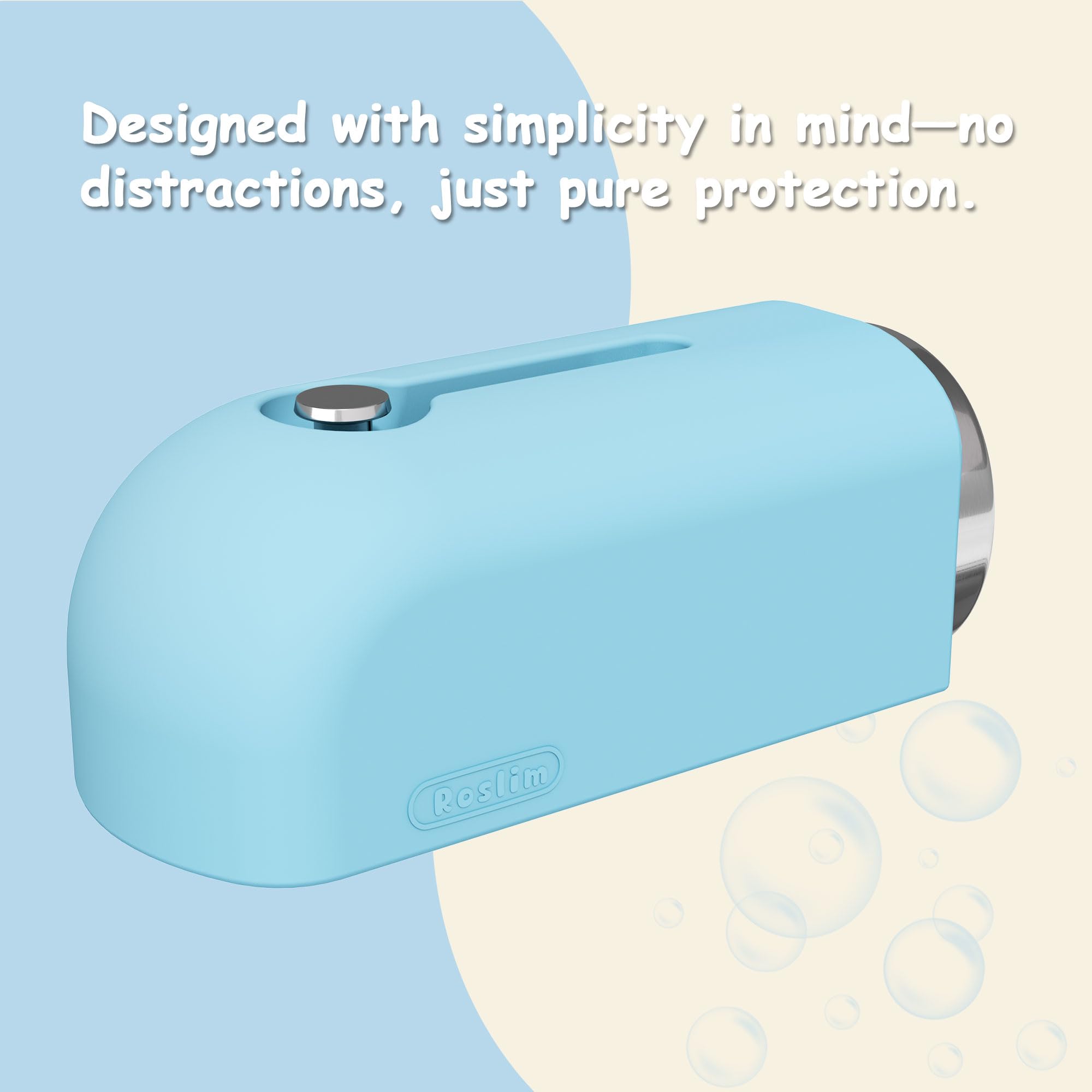 Roslim faucet cover universal-fit blue illustrates easy installation and protection.