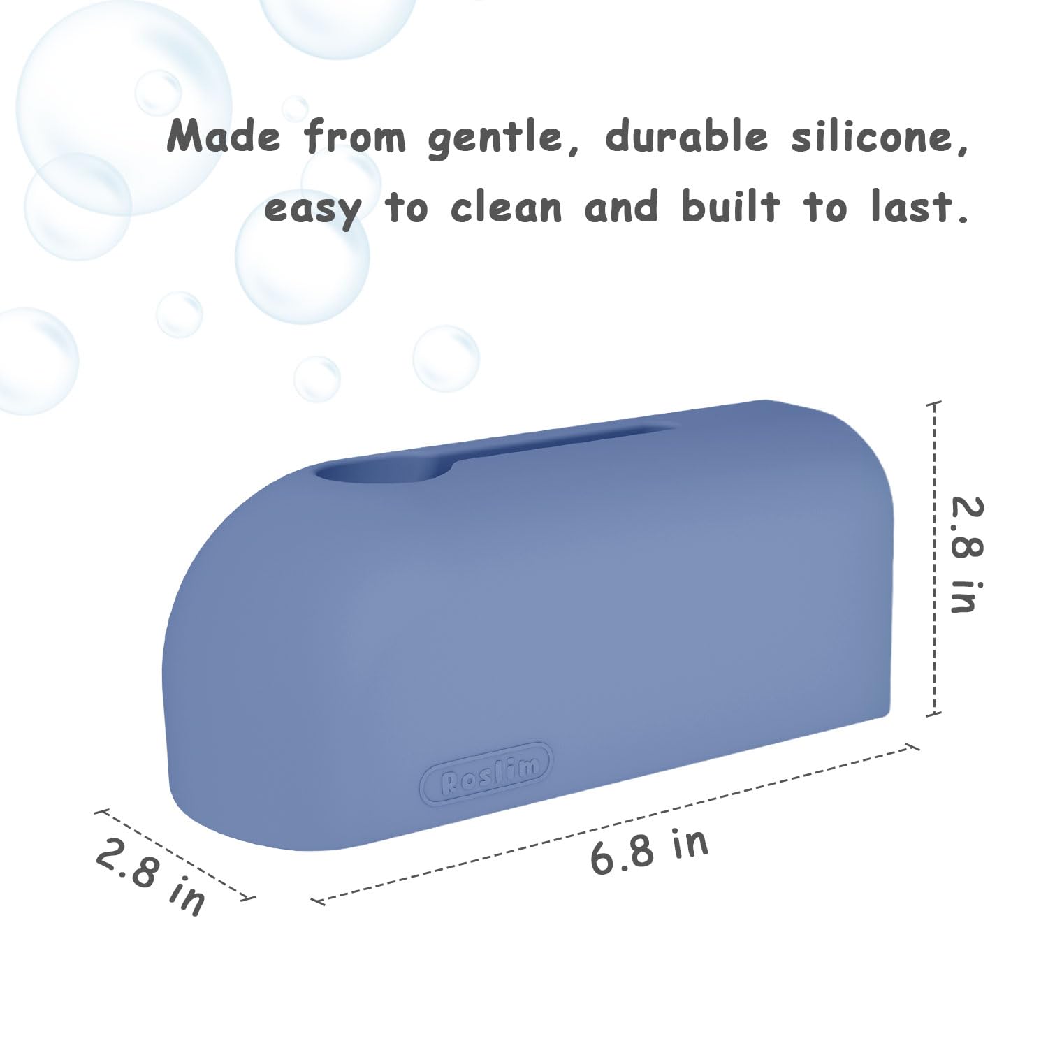 Roslim silicone faucet protector on bath edge offers durable, easy-to-clean protection.