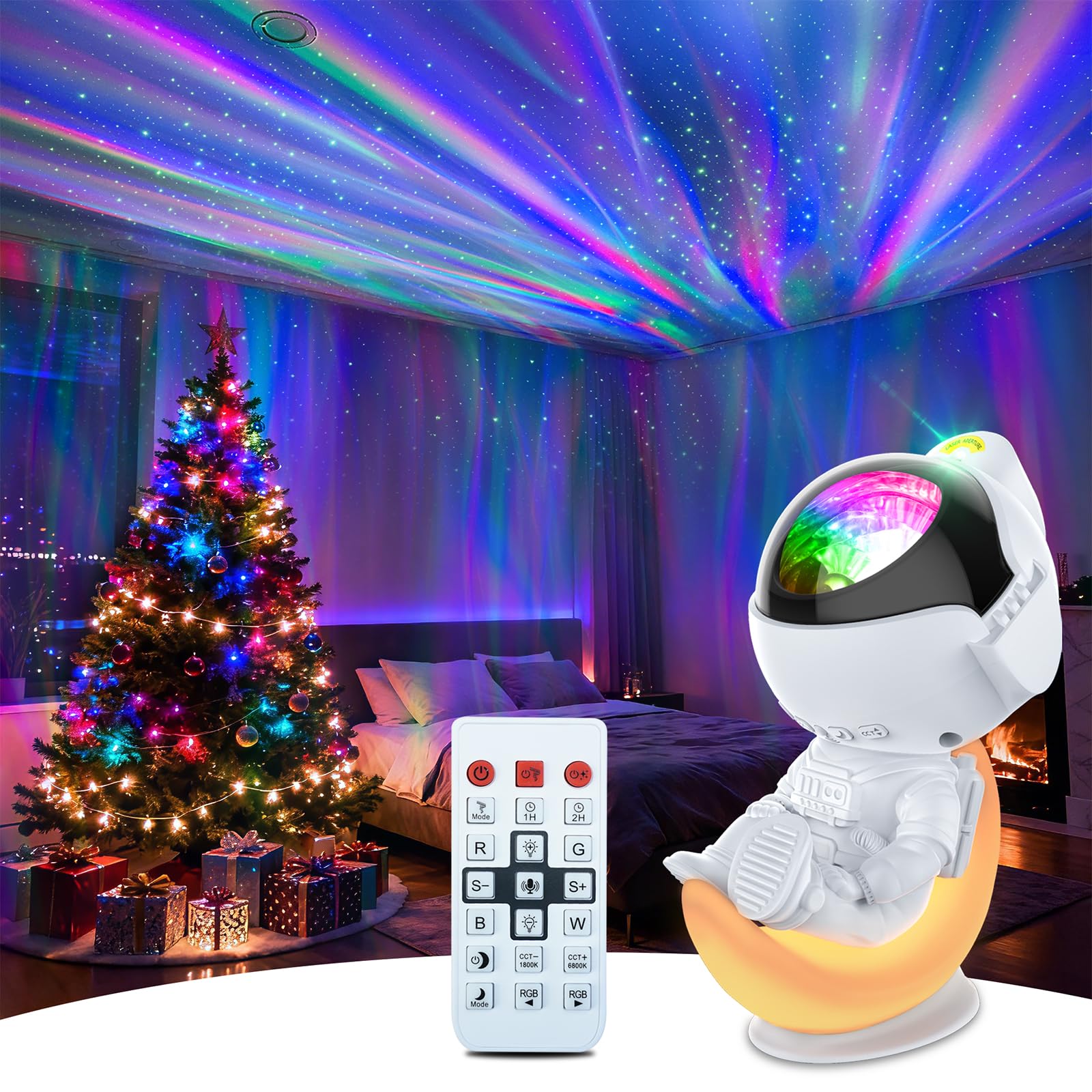 Rossetta Astronaut Galaxy Projector projecting wall stars for calming bedroom ambience