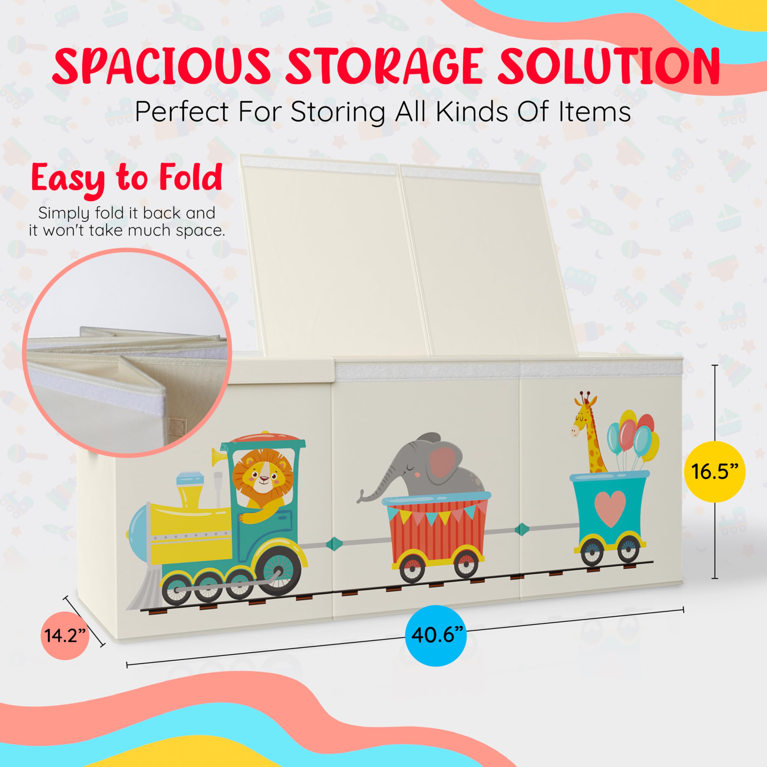 Rossoff animal train design toy box showcases beige fabric and kid-friendly storage for rooms
