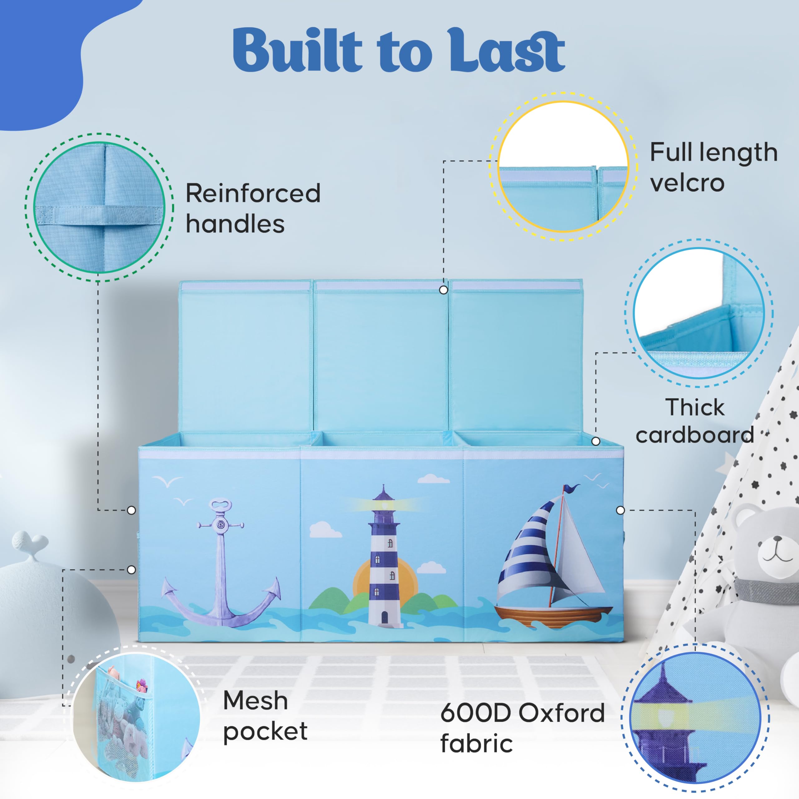 Rossoff storage bin in blue room complements contemporary interiors.