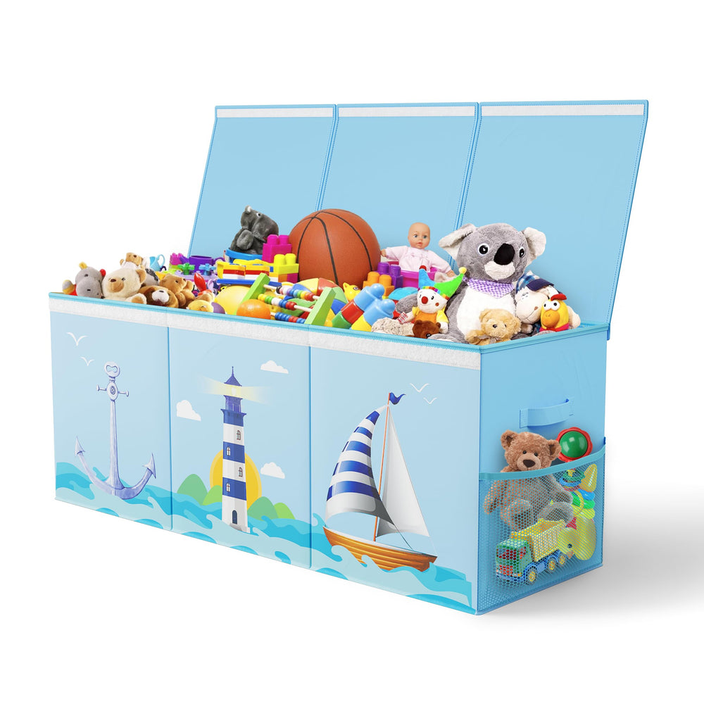 Rossoff toy storage bin with lids open for quick access to toys.