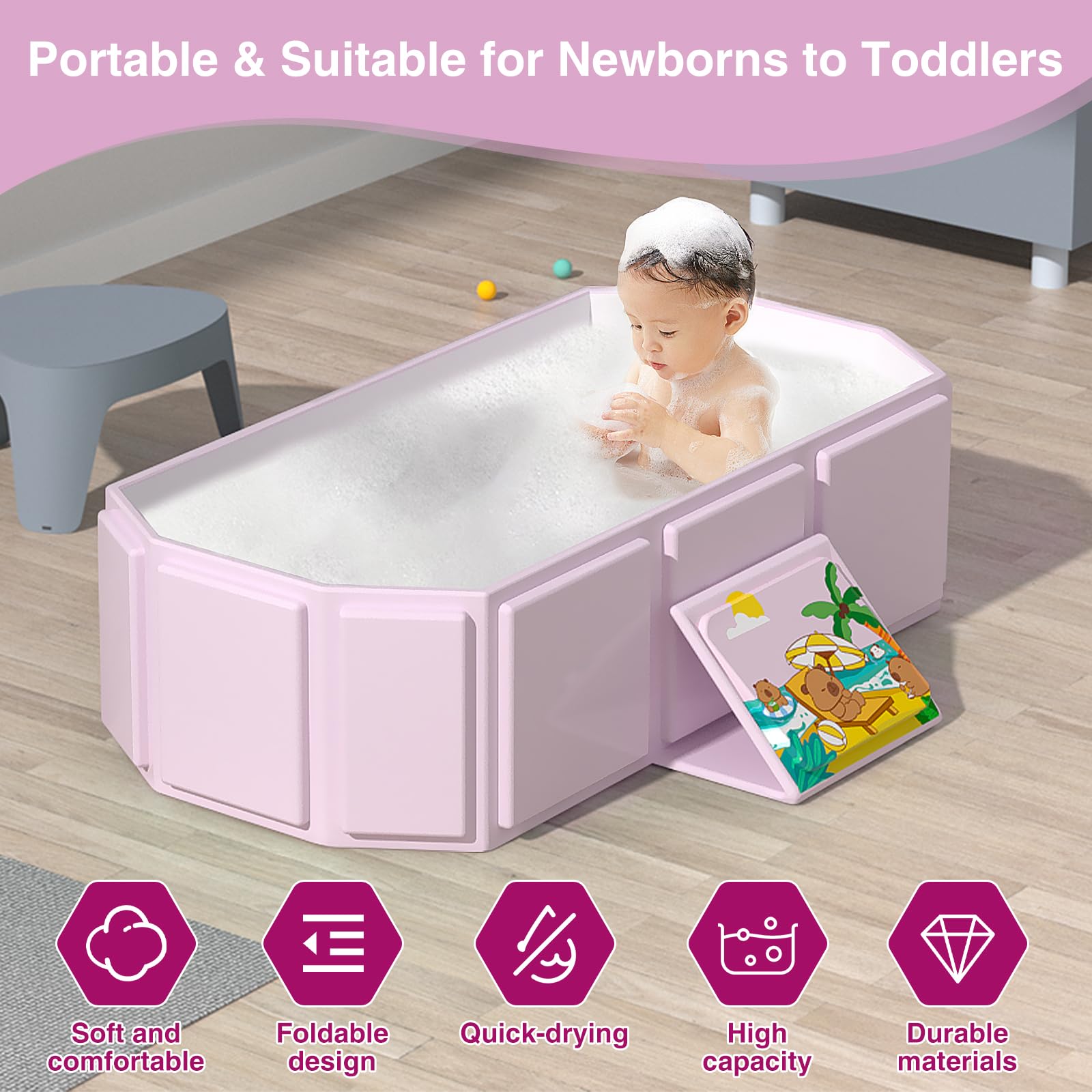ROUSKY bath tub pink color shown in pastel hue matching nursery decor.