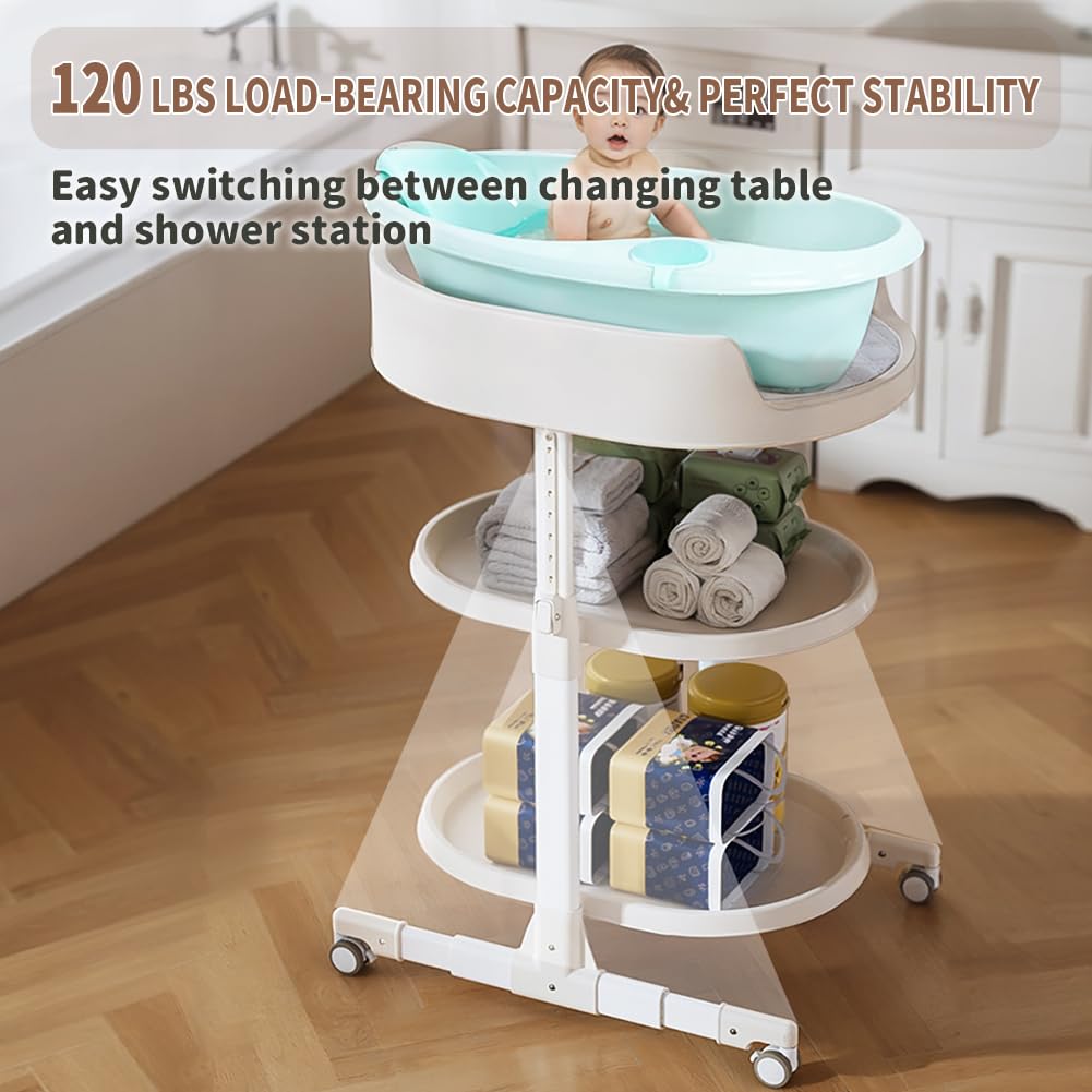 ROUTTOON height adjustment enables comfortable changes for caregivers of all statures.