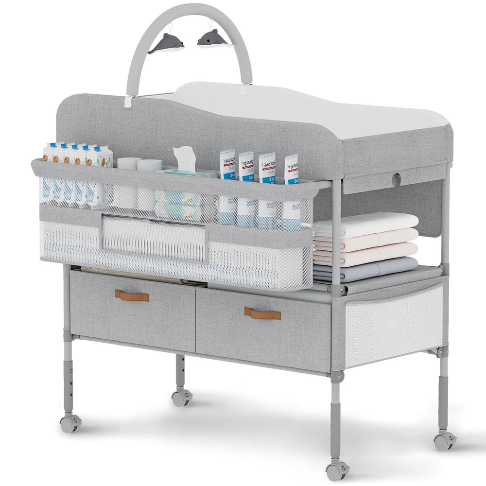 ROUTTOON diaper station left side view showing compact, space-saving design for small nurseries.