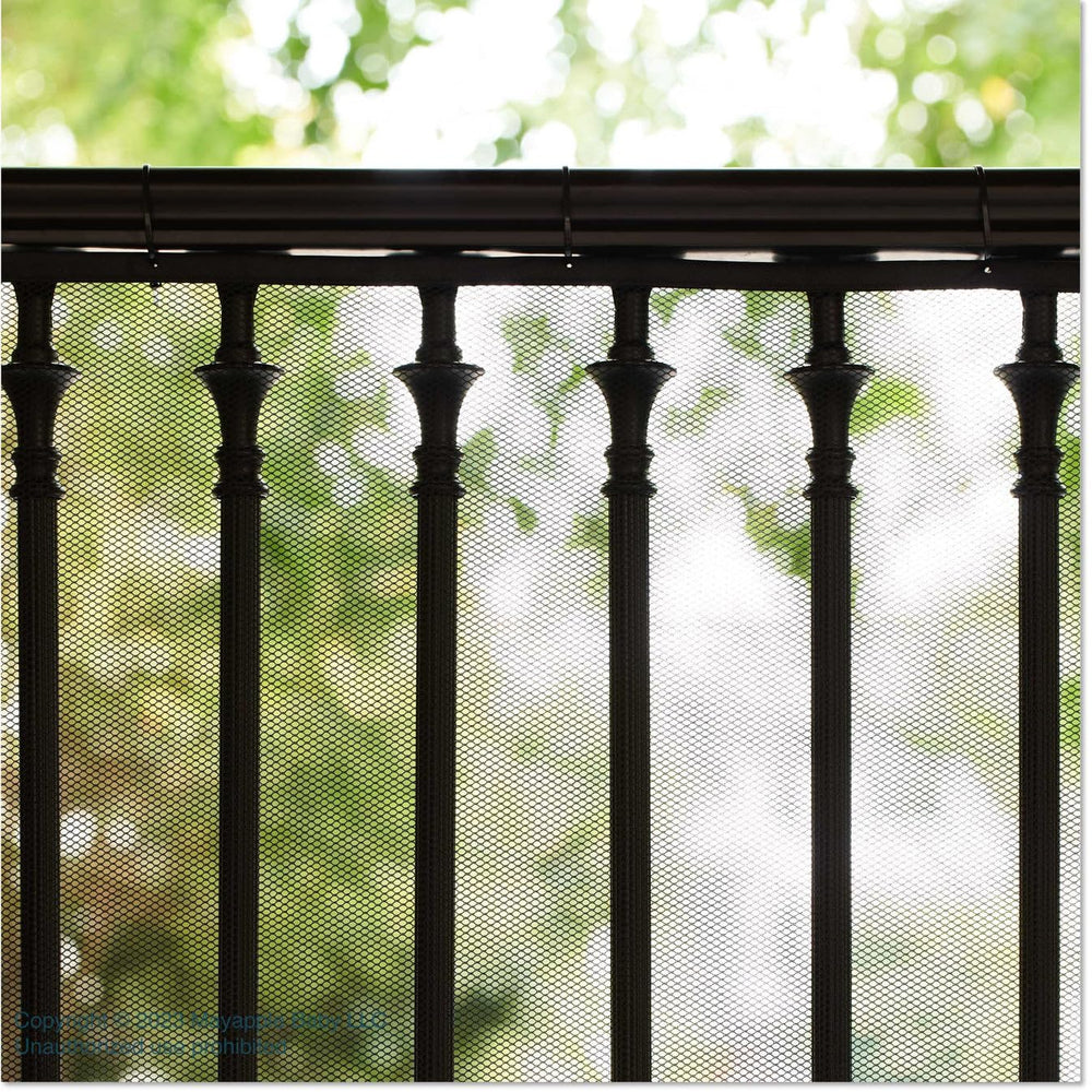 Roving Cove ebony-black guard blends with modern décor on balcony netting.