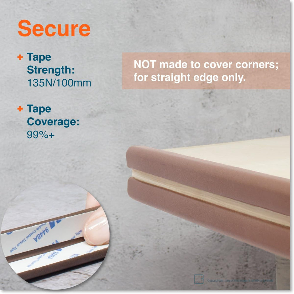 Roving Cove coffee brown edge protector installed on a desk edge for safer surfaces.