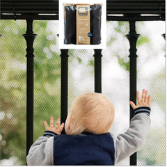 Roving Cove ebony black stair banister guard installed for safe baby-proofing on stairs.