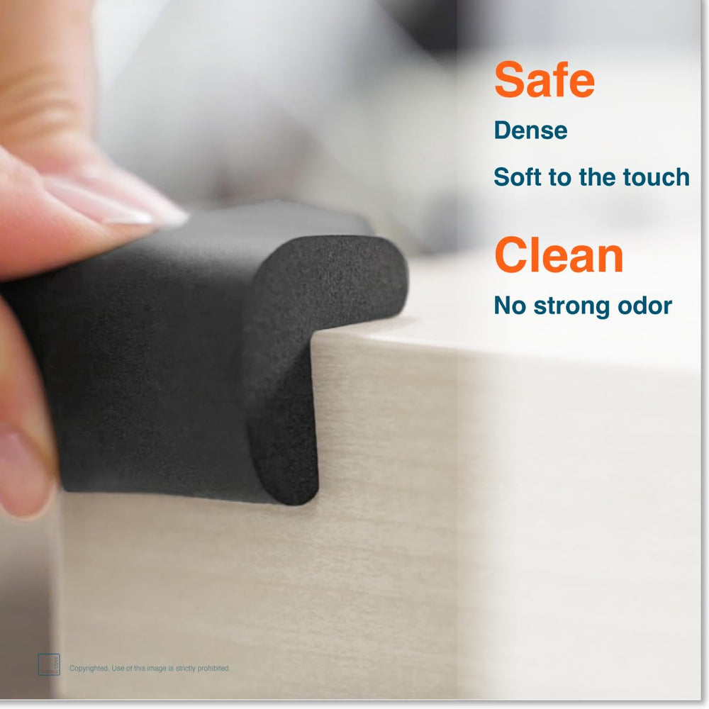 Roving Cove HeftyFit corner protector in Onyx Black blending with dark furniture and protecting kids