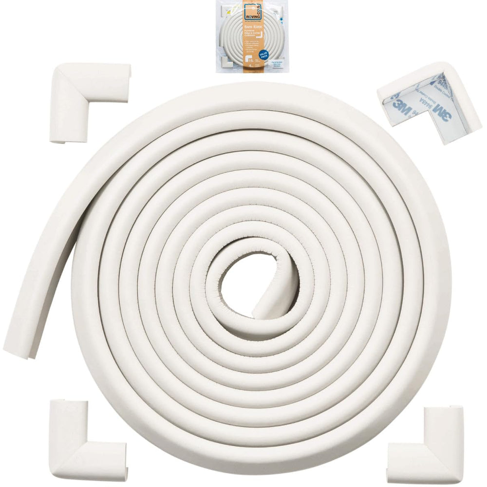 Roving Cove HeftyFit edge protector on a table edge cushions toddler bumps