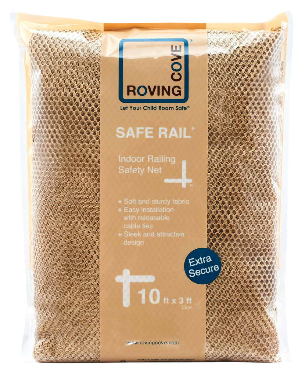 Roving Cove almond-brown balcony netting on stairs in a home setting.