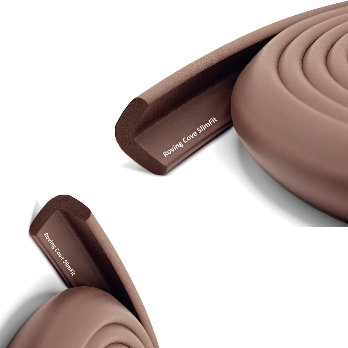 Roving Cove Slim-Fit edge protector in coffee brown on a table edge for safer play.