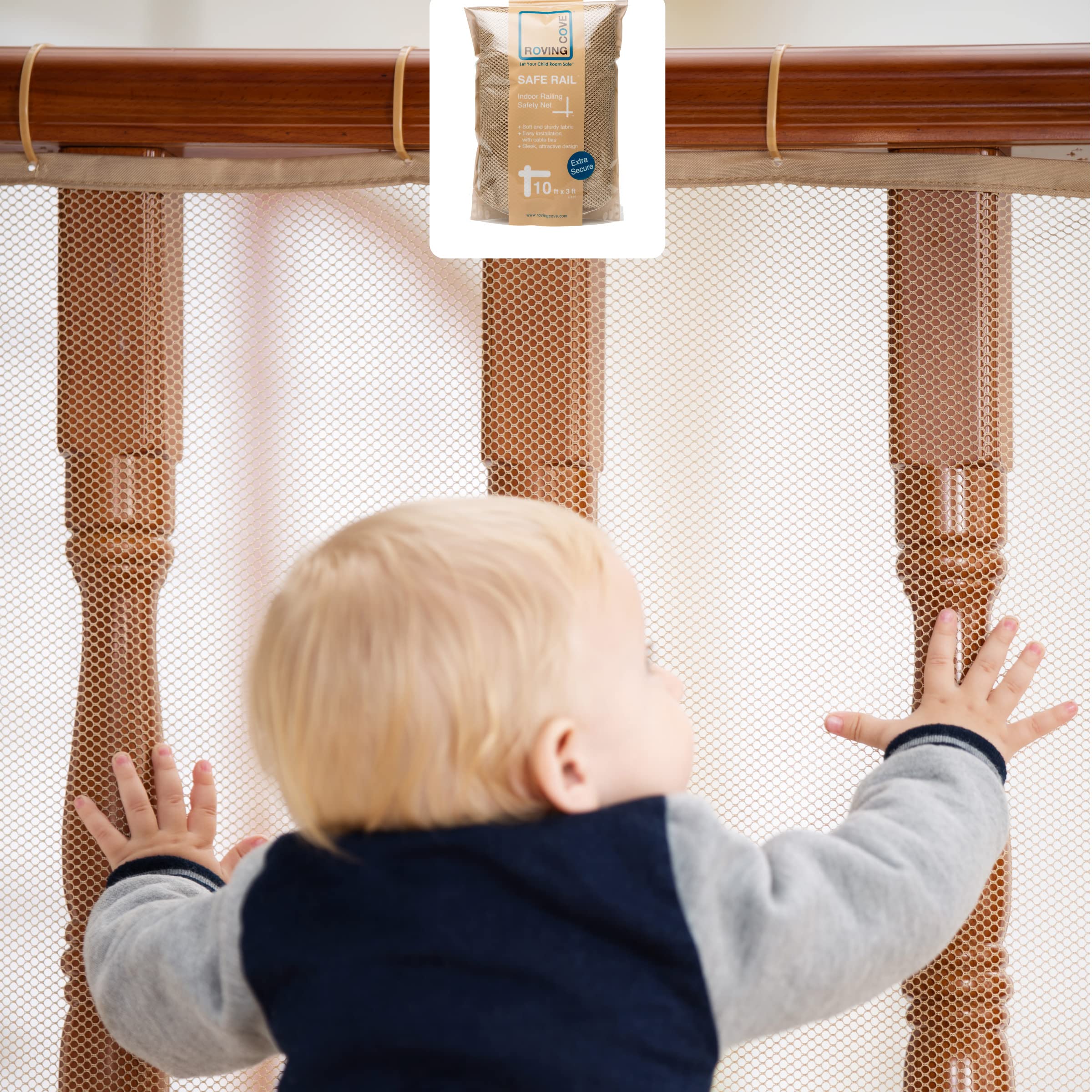 Roving Cove stair banister guard 10ft almond brown with transparent mesh for clear visibility.