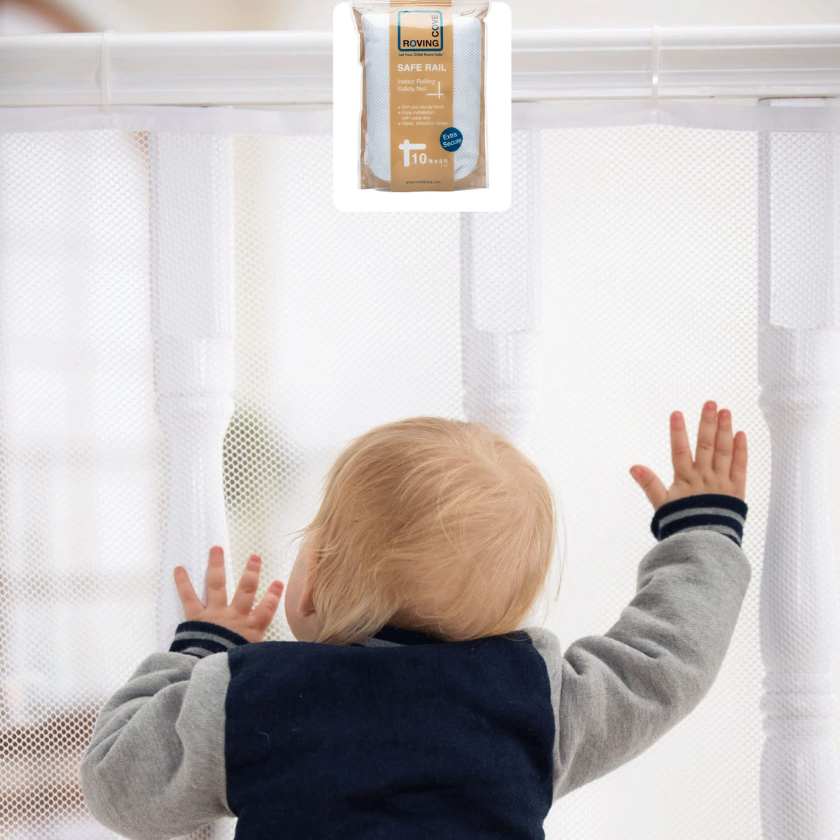 Roving Cove stair banister guard Pearl White front view protects kids with visibility