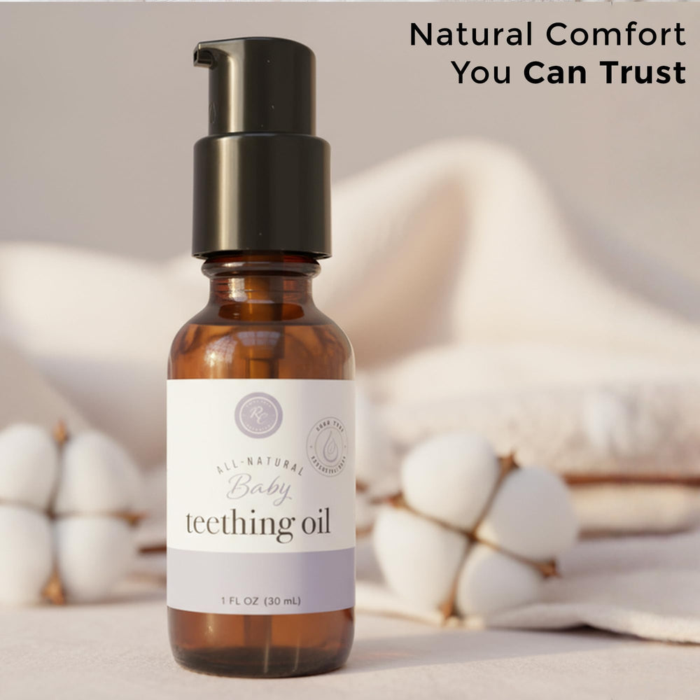 Rowe Casa Organics teething oil used by a parent for baby teething relief